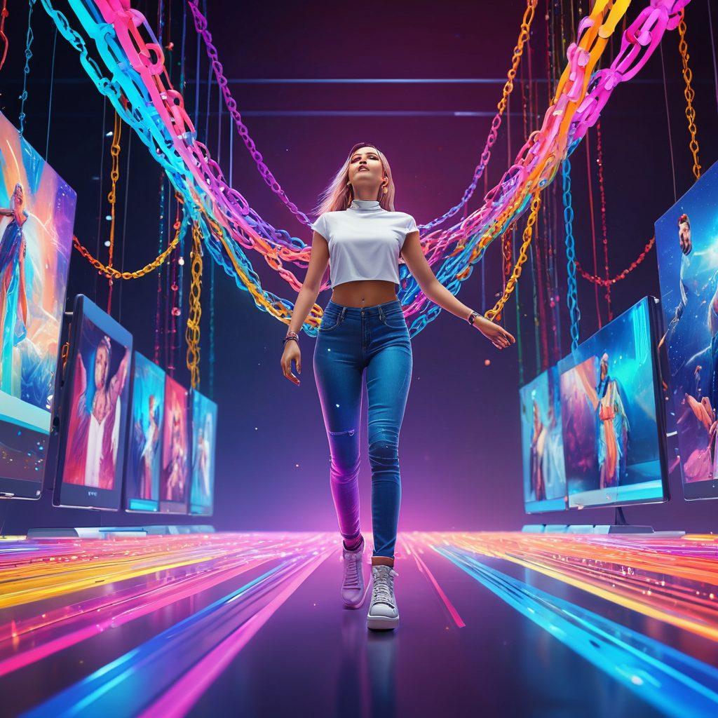 A vibrant and dynamic illustration showing a figure breaking free from colorful chains, surrounded by digital screens displaying abstract representations of adult content. The background features a blend of bright, energetic colors symbolizing freedom and creativity. Add futuristic elements to depict the evolution of online platforms. super-realistic. vibrant colors. 3D.