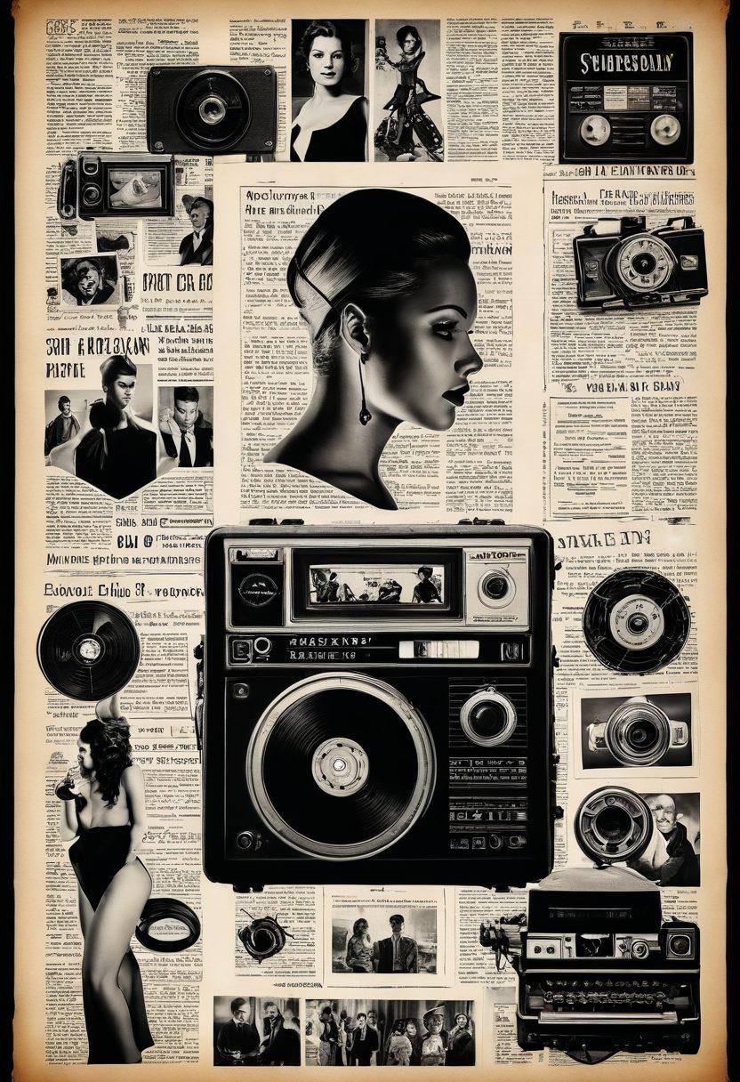 A captivating collage showcasing the evolution of adult entertainment, featuring vintage newspapers, retro film reels, and modern digital devices like smartphones and tablets, blending sensual imagery with technological elements. The background transitions from sepia tones to vibrant neon colors, representing the journey through time and innovation. super-realistic. vibrant colors.